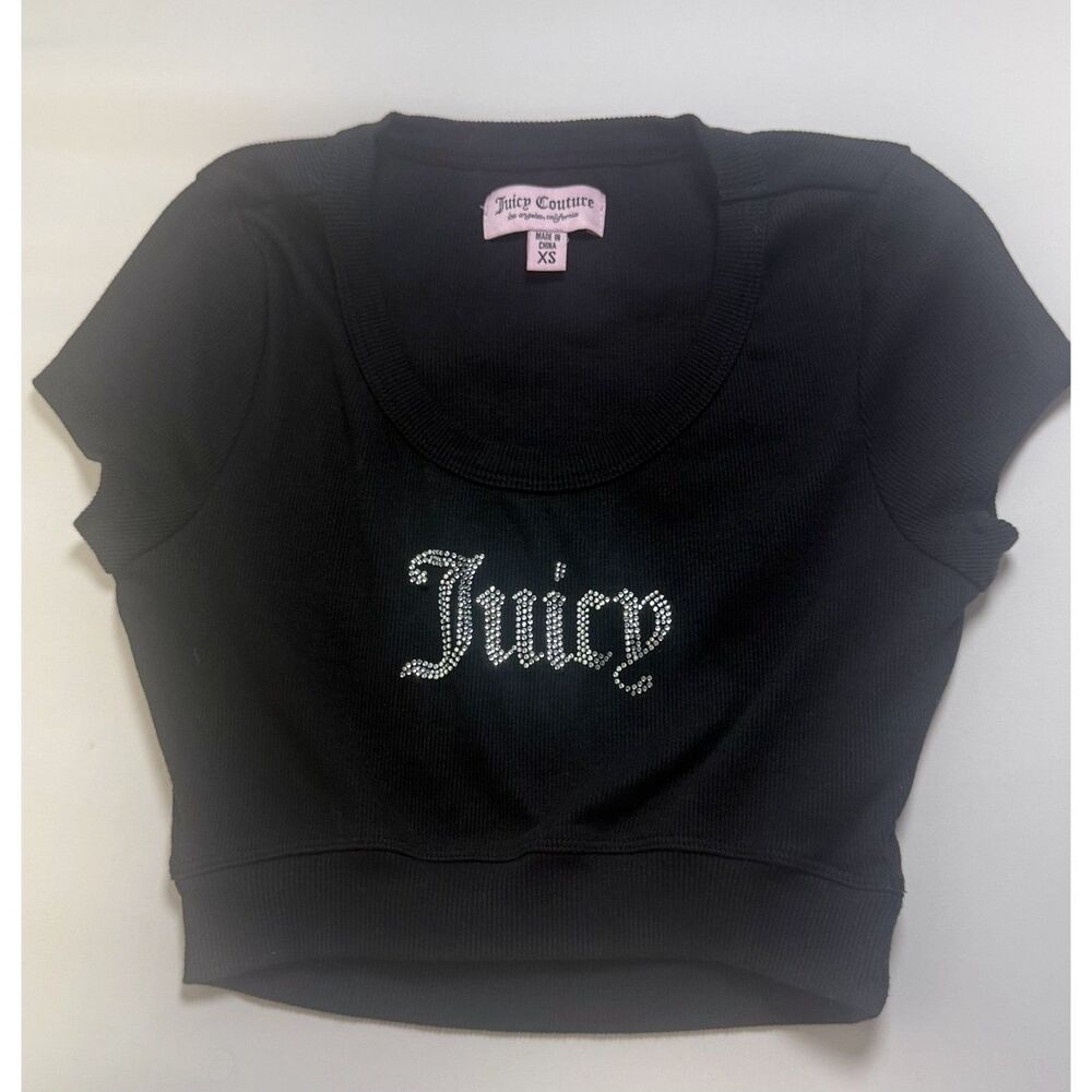 Juicy Couture Womens XS Black Rhinestone Juicy Crop Top Baby Tee Y2K McBling
